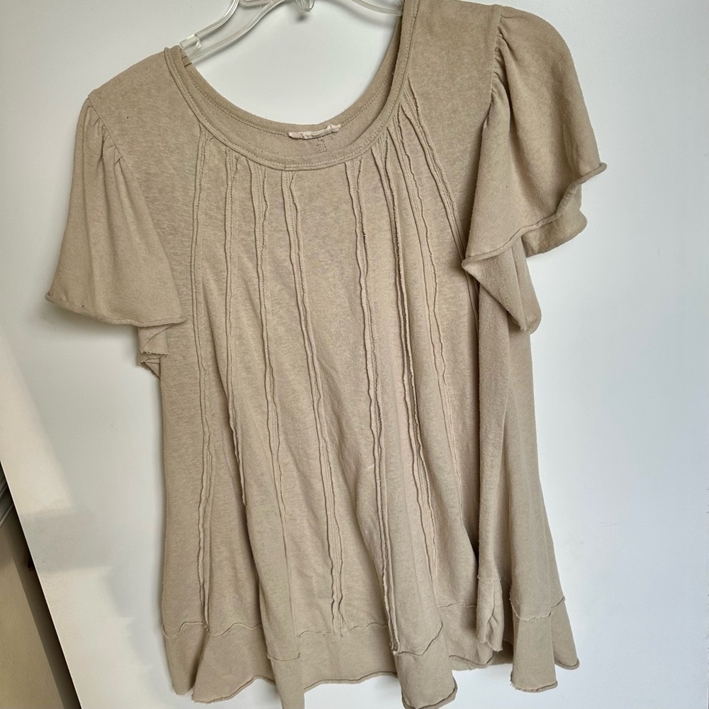 Easel Khaki Beige Longer Length Short Sleeve Women's Top Raw Edges